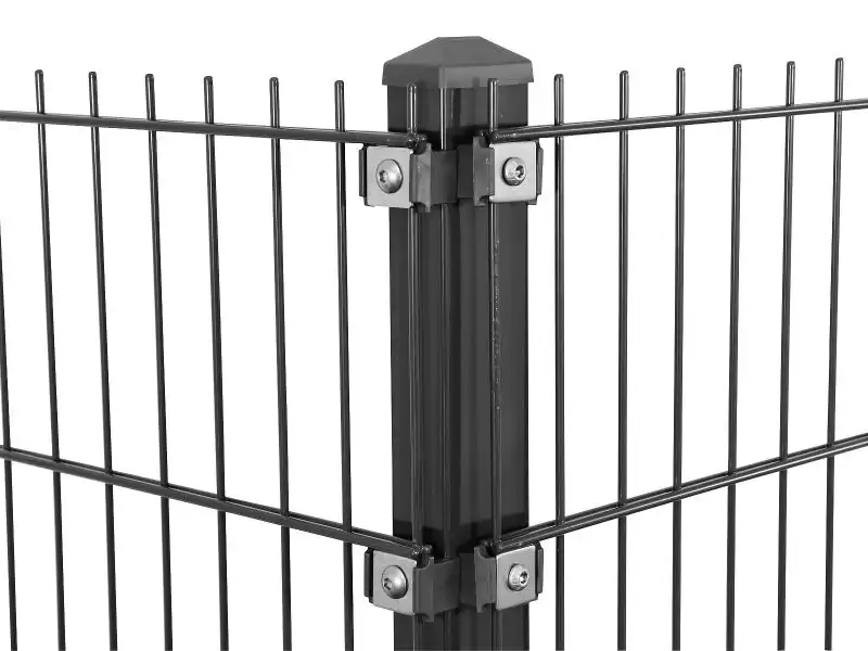 Eckpfosten 60x60x1230mm mit Klemmen für Doppelstabmattenzaun in anthrazitgrau Eckpfosten 60x60x1230mm mit Klemmen für Doppelstabmattenzaun in anthrazitgrau