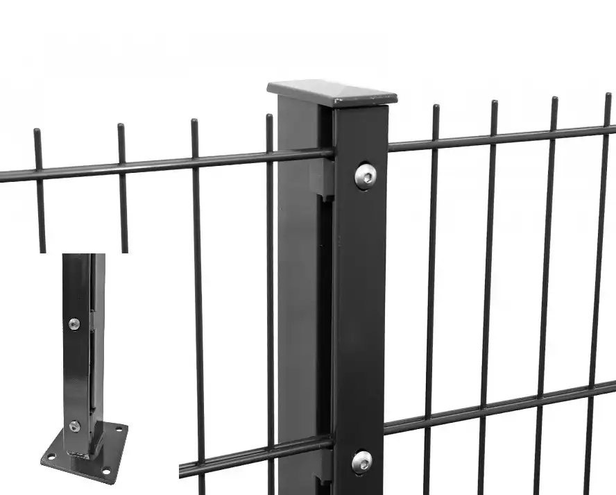 Zaunpfosten mit angeschweißter Bodenplatte "Premium" 60x40mm mit Abdeckleiste für Doppelstabmattenzaun – moosgrün RAL 6005 - 1230mm Zaunpfosten mit angeschweißter Bodenplatte "Premium" 60x40mm mit Abdeckleiste für Doppelstabmattenzaun – moosgrün RAL 6005 - 1230mm